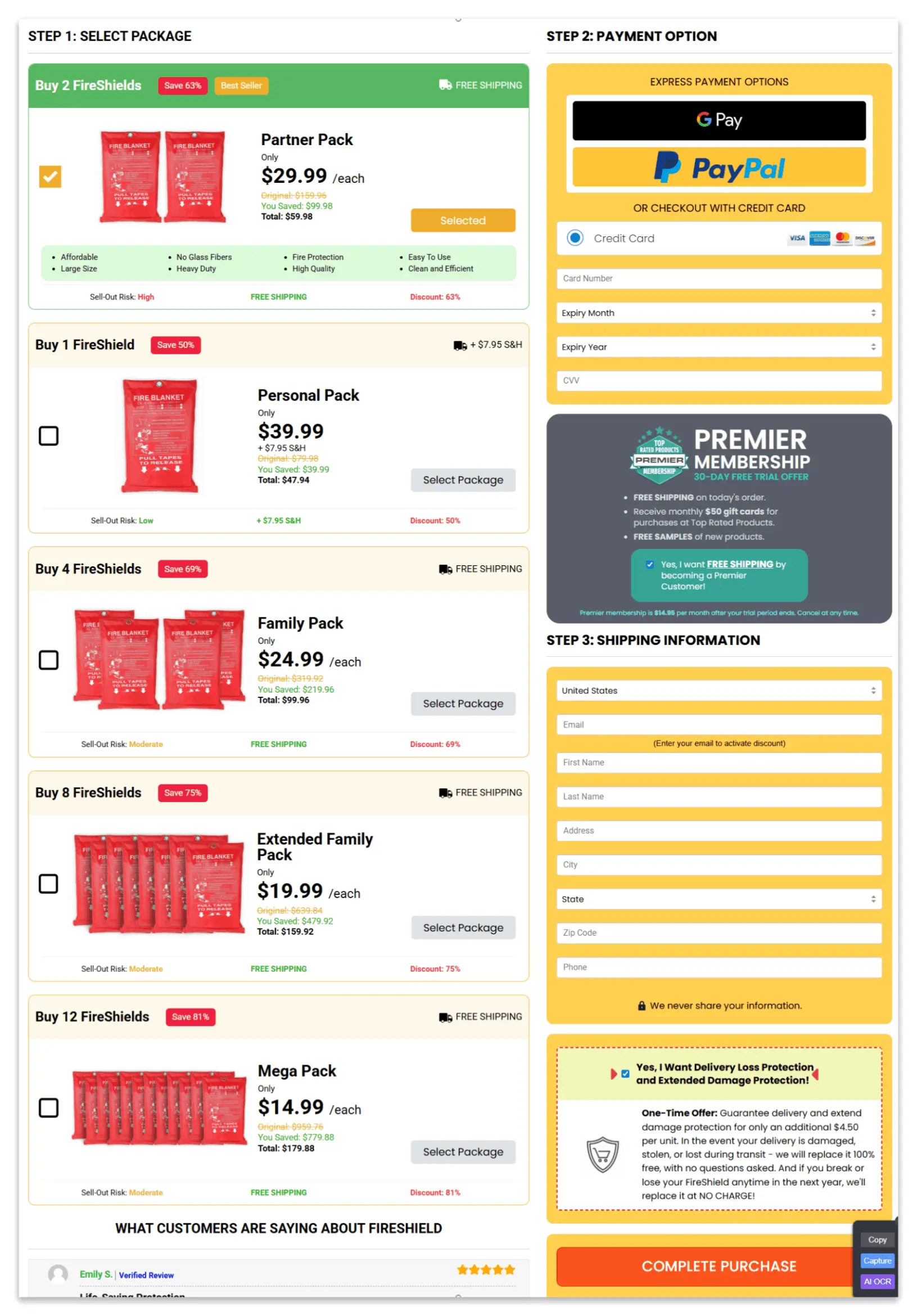 FireShield Blanket checkout page